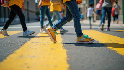 Fototapeta premium Schoolchildren safely cross street at marked pedestrian crosswalk. Group of kids walking on yellow zebra line. Student legs in sneakers, jeans on asphalt city road on way to school with backpacks.