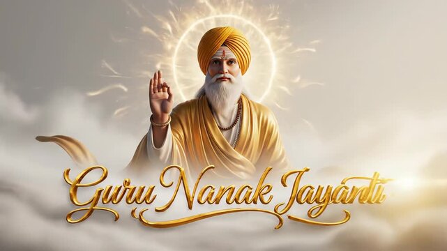 Serene guru nanak dev ji with divine aura and golden attire, radiating spiritual wisdom and blessings guru nanak jayanti