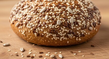 Closeup of a rustic whole grain bread roll generously sprinkled with a variety of seeds including sesame, sunflower, and flax seeds, resting on a wooden surface
