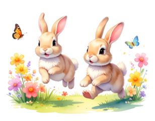 Adorable cottontail bunnies in spring-themed illustrations isolated on transparent background