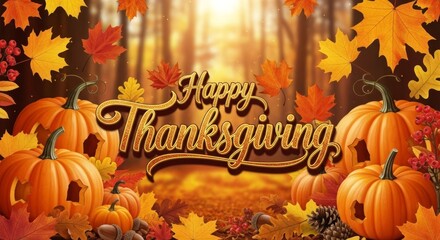 Happy Thanksgiving Autumn Banner with Pumpkins and Golden Text