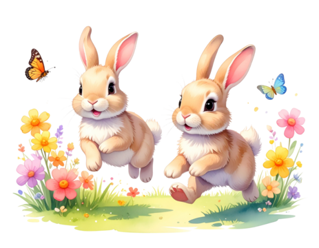 Adorable cottontail bunnies in spring-themed illustrations isolated on transparent background