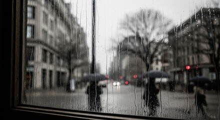 Obraz premium Rainy day window with water drops, gloomy overcast city background.