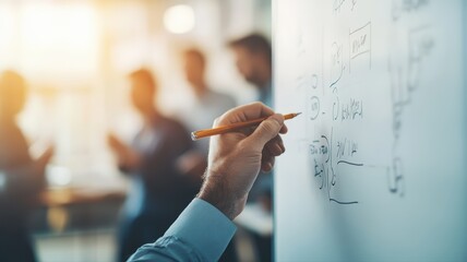 Close up hand of professional man writing on whiteboard while team works together in blurry office background, concept of teamwork brainstorming creative strategy and business planning