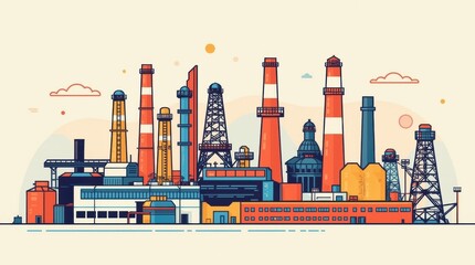 Bold industrial skyline illustration shows factory towers and detailed building structures with striking colors