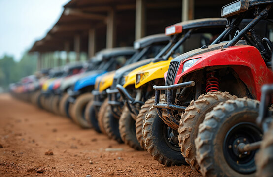 Row of colorful ATVs parked on dirt track after race. Multi-terrain vehicles ready for offroad adventure. Extreme sport machines await riders for outdoor fun.