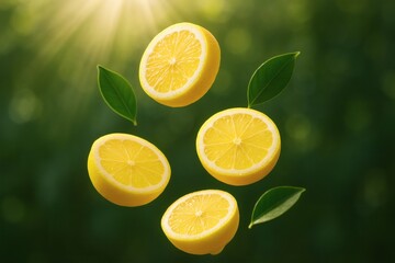 Fototapeta premium lemon slices floating in air with green leaves and sunlight rays