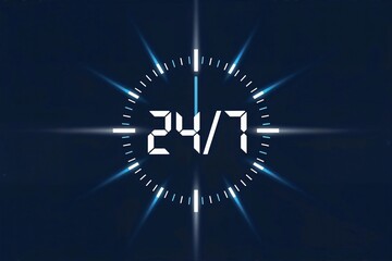 Digital 24/7 clock illustration with glowing blue accents on a dark background.