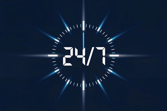 Digital 24/7 clock illustration with glowing blue accents on a dark background.