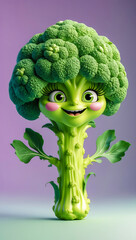 Playful Cartoon Broccoli with Smiling Expression Against Vibrant Gradient Backdrop