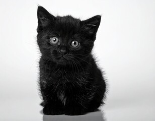 Monochrome Portrait of Black Kitten Seated on Reflective Surface with Soft Lighting on Plain Background
