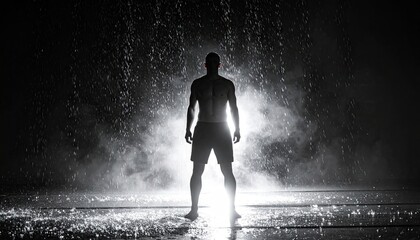 Monochrome Silhouette of a Man Standing in a Dark Space with Bright Backlight and Sparkle Effect