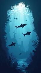 Fototapeta premium Sharks and sea creatures swim in deep blue ocean. Sun rays pierce water surface above underwater ruins and sunken ship. Marine life explores abyss.