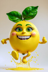 Lively 3d Lemon Character with Leafy Top and Bright Eyes Splashing Juice on Light Cream Surface