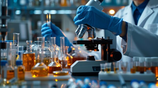 Female lab technician in white coat conducts research under microscope in modern laboratory setting
