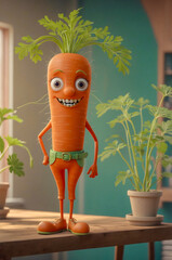 Cheerful Carrot Character  on Wooden Table Surrounded by Cozy Indoor Plants