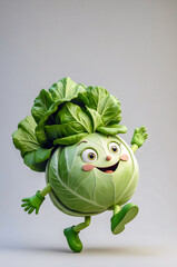 Cheerful Cartoon Cabbage Dancing Happily Against Soft Gray Backdrop