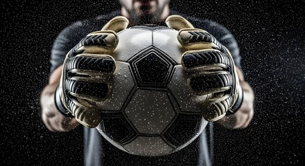 Goalkeeper holding a soccer ball with gloved hands against a dark, wet background.