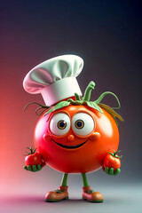 Playful Cartoon Tomato Chef Holding Small Tomatoes with Friendly Expression on Soft Background