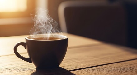 Steaming Coffee Cup on Rustic Wooden Table in Morning Sunlight