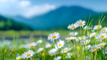 Field of white daisies with yellow centers against blurred green hills and blue sky daisy flower