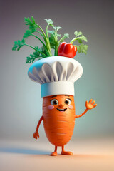 Playful Cartoon Carrot Chef Waving with Fresh Vegetables on Soft Warm Gradient Backdrop