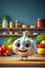 Playful Cartoon Garlic with Sprout Standing on Kitchen Counter in Soft Warm Light Setting