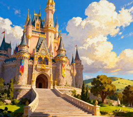 Magical fairytale castle under a bright blue sky with fluffy clouds