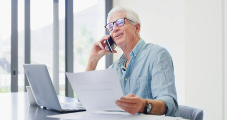 Phone call, laptop and documents with old man in home for retirement fund, asset management and credit score. Contact, online banking and pension account report with senior person in apartment