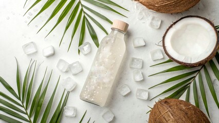 Coconut water bottle with ice cubes, palm leaves, and fresh coconuts,tropical hydration flat lay.product mockup,food photography 