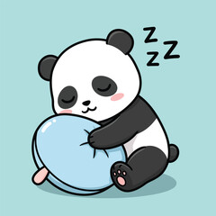 Cute sleeping panda hugging pillow cartoon vector illustration
