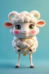 Friendly 3D Cartoon Cauliflower Sheep with Rosy Cheeks Standing Against Light Blue Background