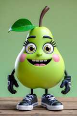 Playful 3D Cartoon Pear Wearing Sneakers and Gloves on Wooden Surface with Light Green Background