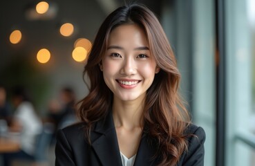Fototapeta premium Asian woman with long brown hair smiles. She wears a black jacket. This is a portrait. Person looks cheerful. Picture shows beauty and confidence.