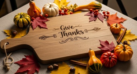 Festive Thanksgiving arrangement featuring a wooden cutting board engraved with 'Give Thanks' surrounded by pumpkins and fall foliage, concept for seasonal greeting cards, autumn-themed decorations