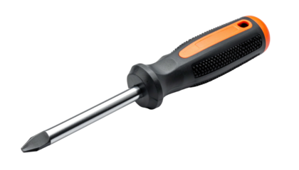 Isolated Phillips head screwdriver. Black and orange handle, shining metal tool part on solid black background
