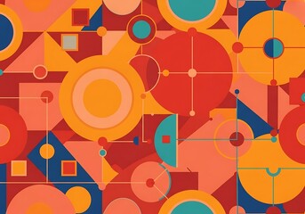 Dynamic geometric composition with vibrant retro color palette and overlapping shapes showcases a balanced harmonious