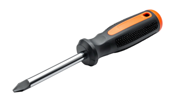 Isolated Phillips head screwdriver. Black and orange handle, shining metal tool part on solid black background