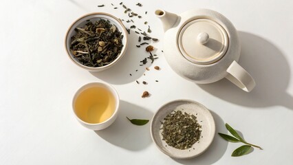 White ceramic teapot and cup with various loose leaf green tea on clean background.Top view, food photography 