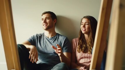Young caucasian couple sits intimately on a polished wooden floor in a new, sunlit room, planning their future. Sawhorses in foreground. Hopeful concept of home ownership