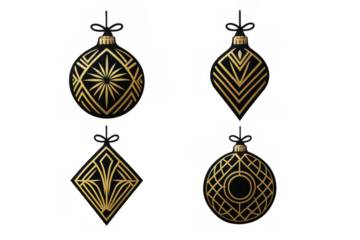 Art deco christmas ornaments set featuring geometric gold and black designs, celebrating holiday season and elegance on transparent background