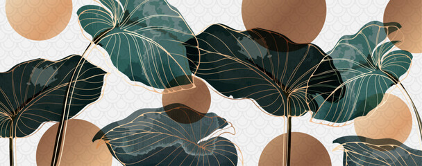 Gold lines luxury watercolor design with tropical leaves. Abstract vector illustration in Chinese style