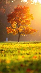 Autumnal tree bathed in golden sunlight