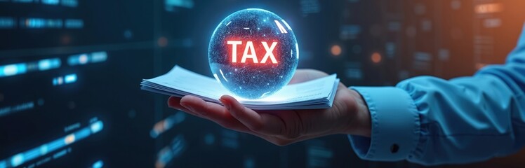 Glowing TAX sphere hovers over documents held in a hand against abstract blue digital background. Represents financial planning, global economy, and accounting.