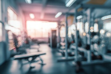 Abstract blur background of fitness gym equipment showcasing workout space with natural light streaming through windows during morning hours