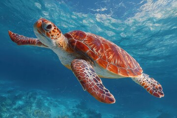 Fototapeta premium Brightly colored sea turtle gracefully gliding through clear ocean waters near vibrant coral reefs in midday sunlight