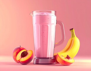 Pink smoothie in a blender with peaches and banana