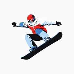 Obraz premium Snowboarder in mid-air, wearing red helmet and white jacket with red accents.