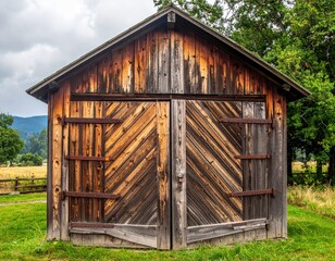 Rustic wooden shed with weathered wood panels and double doors