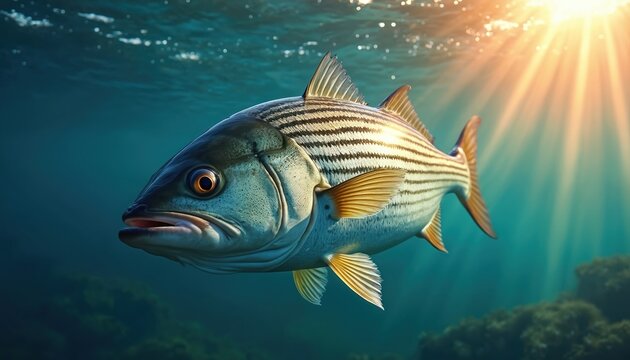 Illustration of striped bass fish underwater. Aquatic animal swims beneath water surface. Sunlight rays illuminate sea creature. Marine life concept illustration. Fresh water fish.